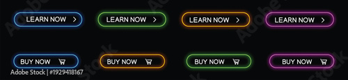 Learn now and buy now buttons set with glowing neon effects on dark background for call to action design