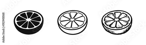 Lemon Slice Icon Set: Solid, Outline, and Hand-Drawn Citrus Cross-Section Symbols on White Background