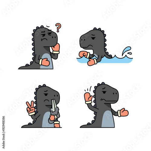 Cartoon dinosaur using smartphone with various expressions in a humorous sequence