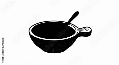 Hand-drawn illustration of a dark soup in a wide-rimmed bowl with a handle and spoon