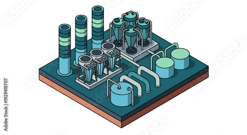 Isometric Industrial Plant Illustration with Smokestacks and Tanks.