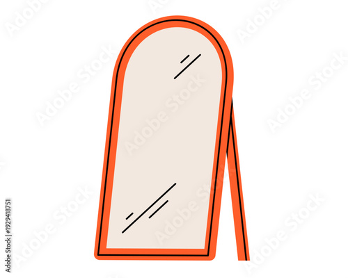 Hand drawn illustration of arched floor mirror. Flat vector bedroom furniture doodle. Full length wall glass sticker. Outfit of the day concept. Modern home interior decor. Isolated.