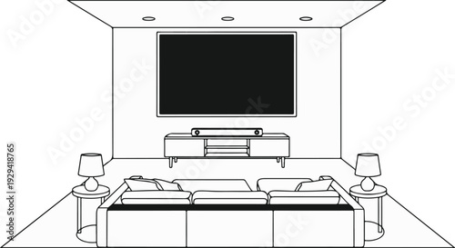 Minimalist living room with a large screen TV, soundbar, and sofa