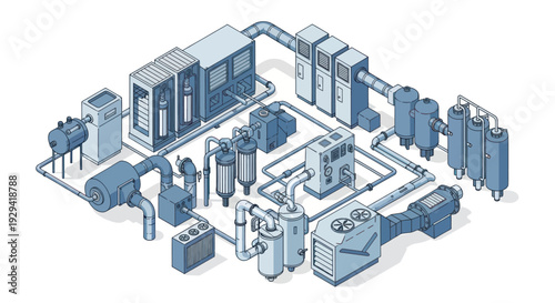 Isometric industrial plant layout with various machinery and interconnected piping system.