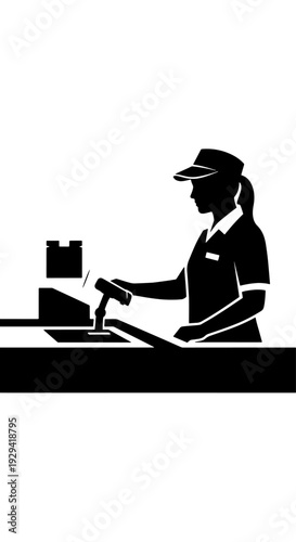 Silhouette of a cashier scanning an item at a checkout counter with a barcode scanner and cash register.
