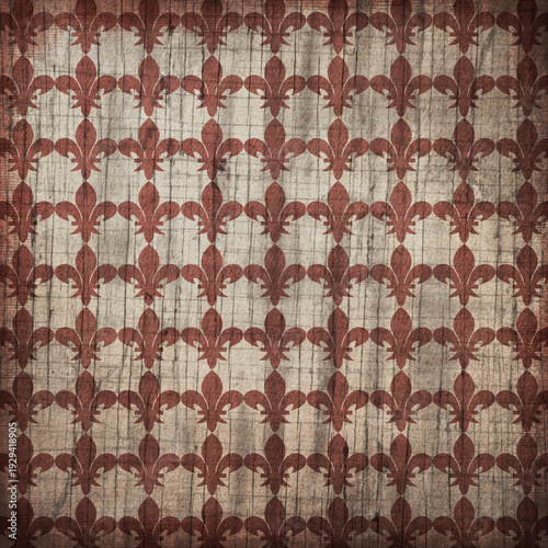 Rustic beige and brown fleur de lis seamless pattern with aged wood texture. Ornamental vintage geometric background ideal for wallpaper and decorative prints.