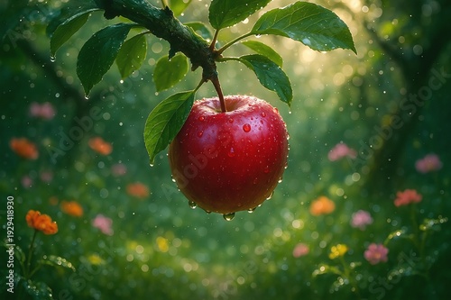 Enchanted Red Apple in Lush Garden, red apple
