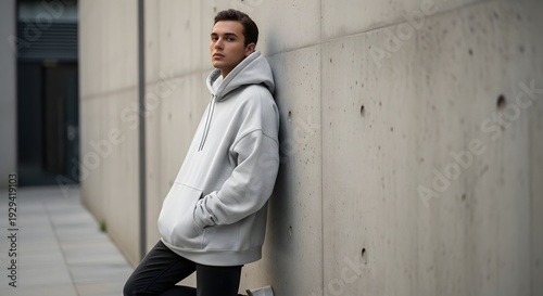 Young man in a grey hoodie leaning against a concrete wall, exuding a casual urban style