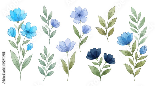 Watercolor botanical illustration of blue flowers with green leaves and stems, a delicate floral design for wall art, home decor, and wedding or invitation uses.