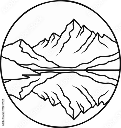 Stylized mountain range reflected in still water within a circle