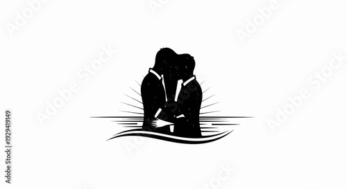 Two figures in silhouette embrace against a backdrop of stylized rays