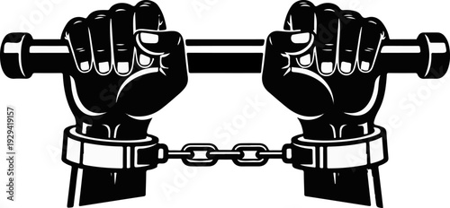 Two clenched fists in chains breaking a bar
