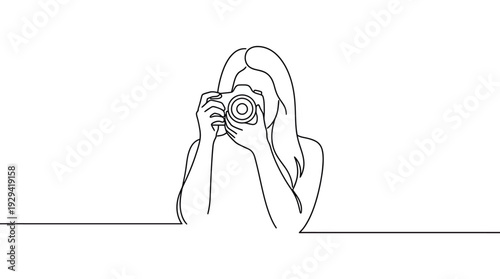 Minimal line drawing of a photographer taking a photo with a handheld camera