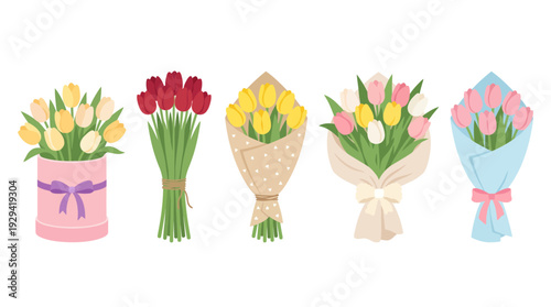 Five pastel-wrapped flower bouquets featuring tulips in yellow, pink, and red for gifting and spring celebrations