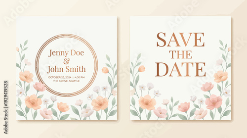 Elegant floral wedding invitation set with a save the date card, featuring blush pink watercolor blooms, pastel tones, and customizable names