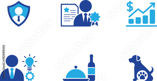 Professional recognition and specialized service icons. Award certification, financial growth, and pet care. Vector illustration