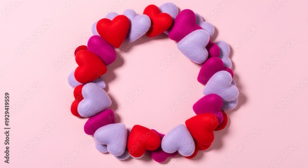 Fototapeta premium Festive Valentine's Day wreath crafted from red, pink, and purple felt hearts on a soft pink background with central copy space. High-angle flat lay for romantic greeting cards and messages.