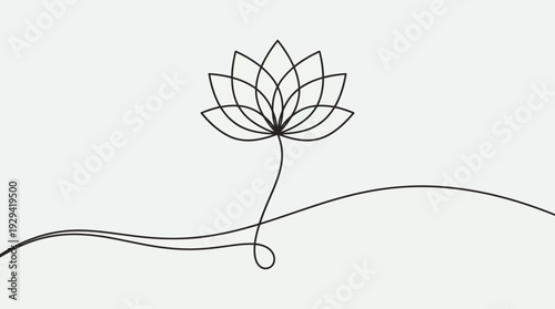 Minimalist continuous line illustration of a lotus flower, a serene Zen-inspired line art for meditation, yoga, and home decor.
