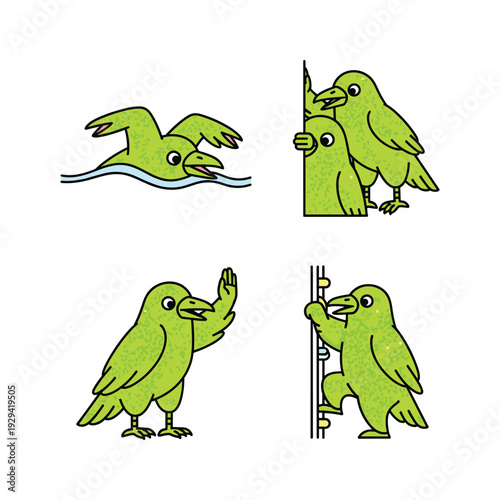 Cartoon birds in various poses and actions with simple design