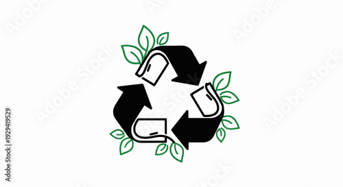 Black recycling symbol with green leaves on a white background