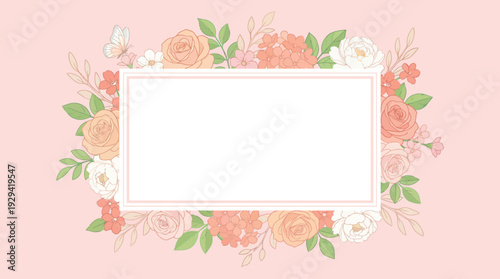 Wallpaper Mural Soft pink floral frame with rose border and white label placeholder on pink background for invitations, greetings, and romantic stationery Torontodigital.ca