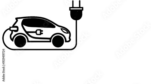 Black and white icon of an electric car charging with a plug