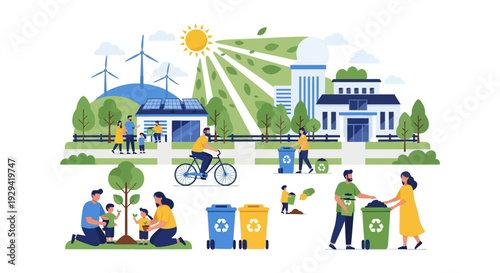 Sustainable Living & Green Community Concept: Renewable Energy, Recycling, Tree Planting, and Eco-Friendly Habits for a Healthier Future
