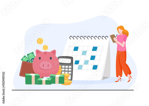 Woman planning budget with piggy bank and calendar stock illustration.