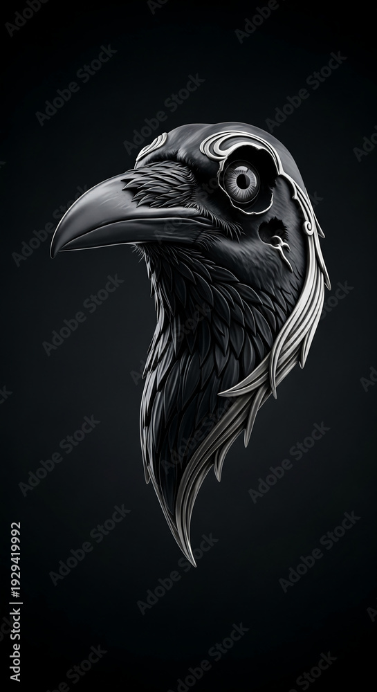Naklejka premium Close-up of black raven head with detailed feather, decorative design, representing mystery, intelligence and symbolic meaning in various culture