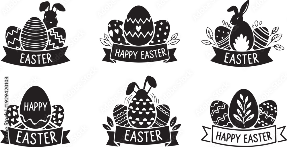Fototapeta premium Easter egg decorating and bunny silhouette illustrations
