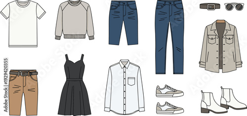 Casual and semi-formal clothing illustration featuring t-shirts, sweaters, jeans, shorts, dress, button-up shirt, sneakers, boots, jacket, belt, and sunglasses