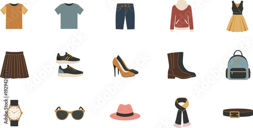 Clothing and accessories illustration featuring t-shirts, dresses, skirts, hoodies, shoes, boots, backpack, belt, hat, scarf, sunglasses, and wristwatch in organized grid layout