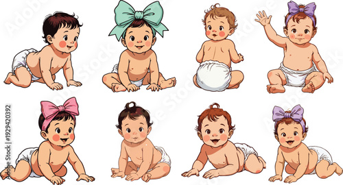 Collection of eight cartoon-style baby illustrations in diapers with bows, diverse hairstyles, playful poses, childcare concept artwork, parenting inspiration, and infant character design