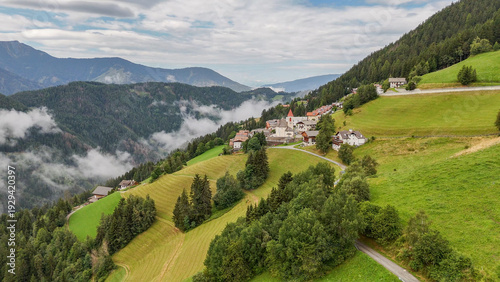 Bild auf Leinwand Aerial drone view of village, town Eores (Afers) near Bressanone (Brixen)