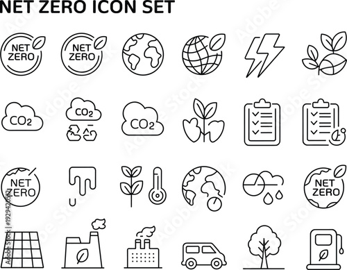 Net zero sustainability icon set with eco-friendly line symbols for renewable energy, carbon reduction, recycling, environment, climate change
