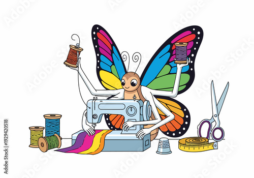 A whimsical cartoon butterfly with colorful wings and multiple arms operates a sewing machine, surrounded by various sewing supplies like thread, scissors, and a thimble.
