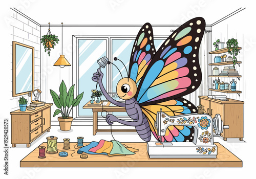 A whimsical cartoon butterfly sewing colorful fabric on a vintage machine in a cozy, well-lit room with plants and furniture.