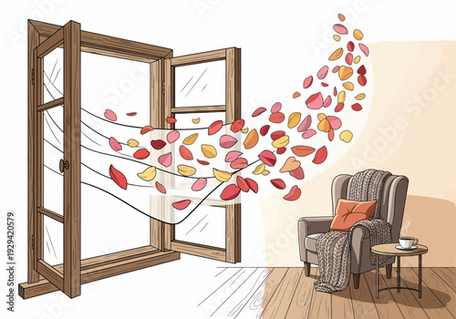 Autumn leaves blowing through an open window into a cozy room with an armchair and a cup of tea.