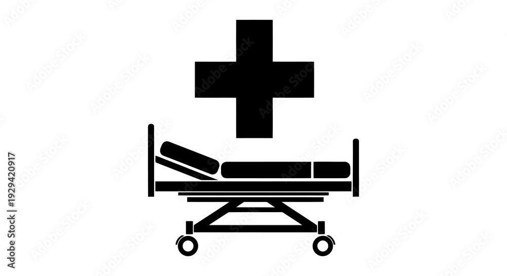 Fototapeta premium Simple black icon of a hospital bed with a red cross symbol above, representing healthcare and medical services.