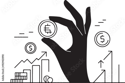 Black hand holding euro and dollar coins with financial graphs