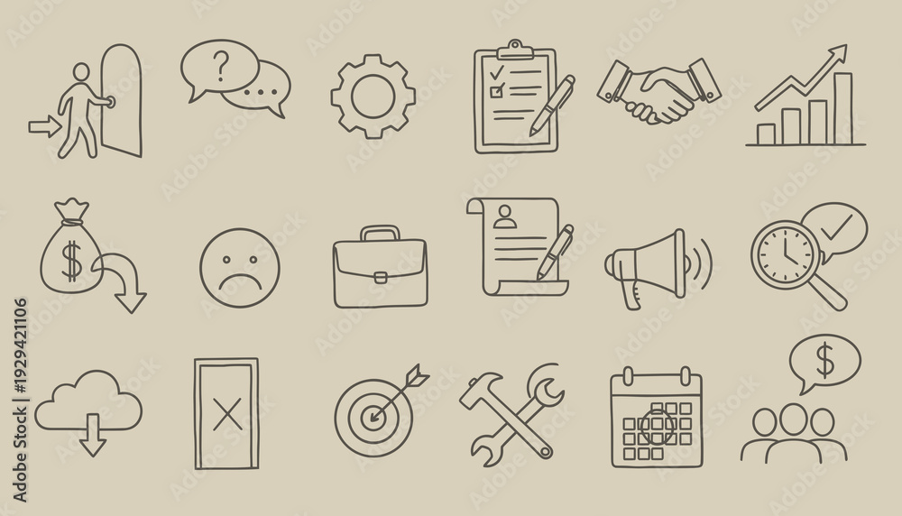 Fototapeta premium Hand Drawn Business Management and HR Doodle Icon Vector Set