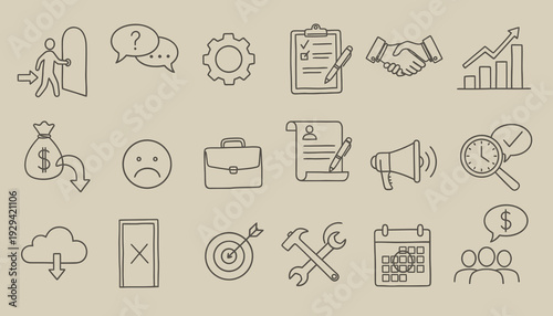 Hand Drawn Business Management and HR Doodle Icon Vector Set