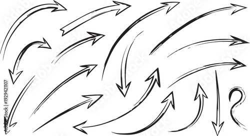 A collection of hand drawn arrows in various directions and styles on a white background