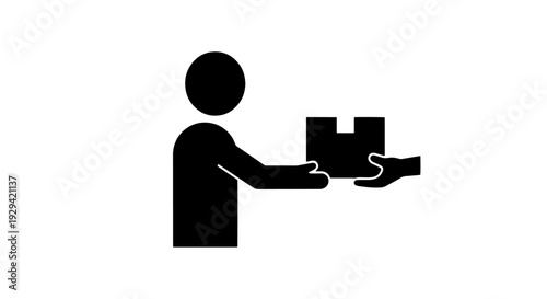A person's silhouette handing a package to another hand, representing delivery or transfer.