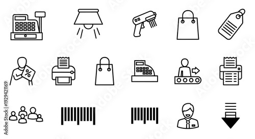 Retail and Commerce Icons - Cash Register, Barcode, Shopping Bag, Tag