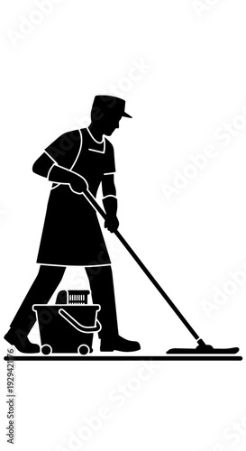 Black and white silhouette of a professional cleaner mopping a floor with a bucket and cleaning supplies.