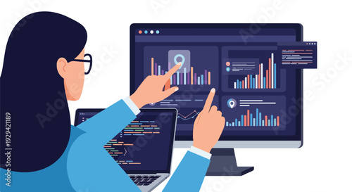 Professional woman analyzing business data on a large monitor with charts and graphs, working with technology and programming for insightful decisions.