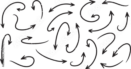 A complex arrangement of curved arrows pointing in various directions on a plain white background