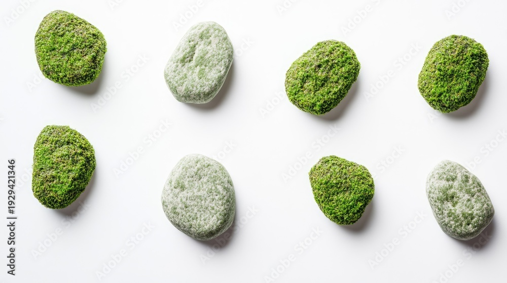 Fototapeta premium Natural Decorative Stones with Green Moss Textures on White Background for Eco-Friendly Interior Design and Landscaping Projects