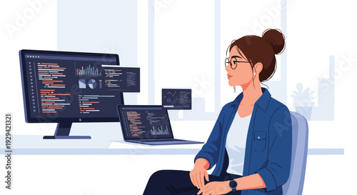 Dedicated young female programmer coding and analyzing data on multiple computer screens, showcasing software development and tech innovation in a modern workspace.
